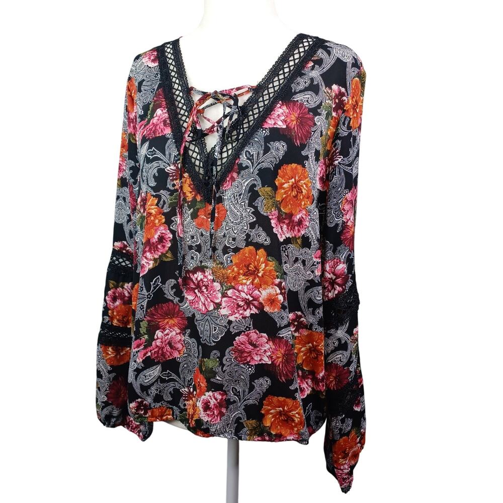 Romeo + Juliet Floral Tunic Top L Lace Tie Neck Long‎ Sleeve Boho Fairy Peasant